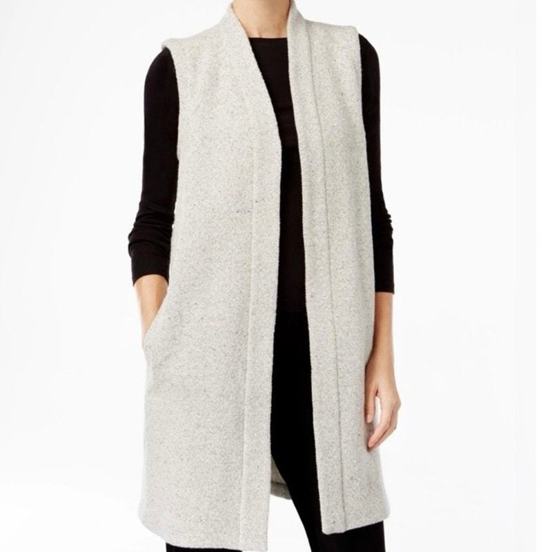 Eileen Fisher Long Vest Duster Kimono Style Open Front Tweed Wool Gray Size Xl